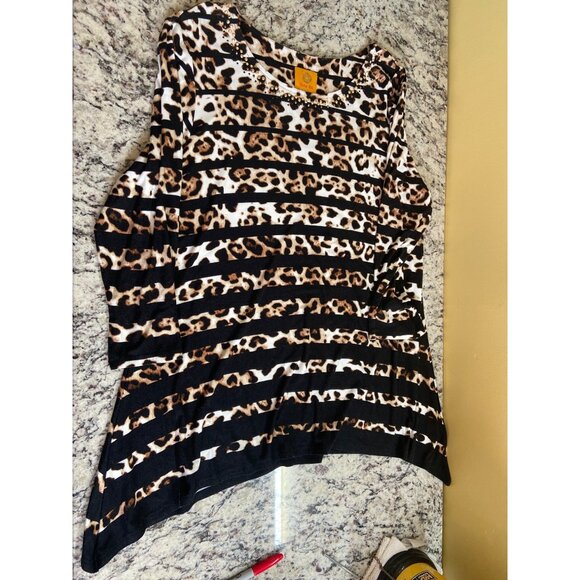 Ruby Rd Womens Medium Tunic Top Leopard Stripe Studed Neckline Rayon Mob Wife - Picture 5 of 9